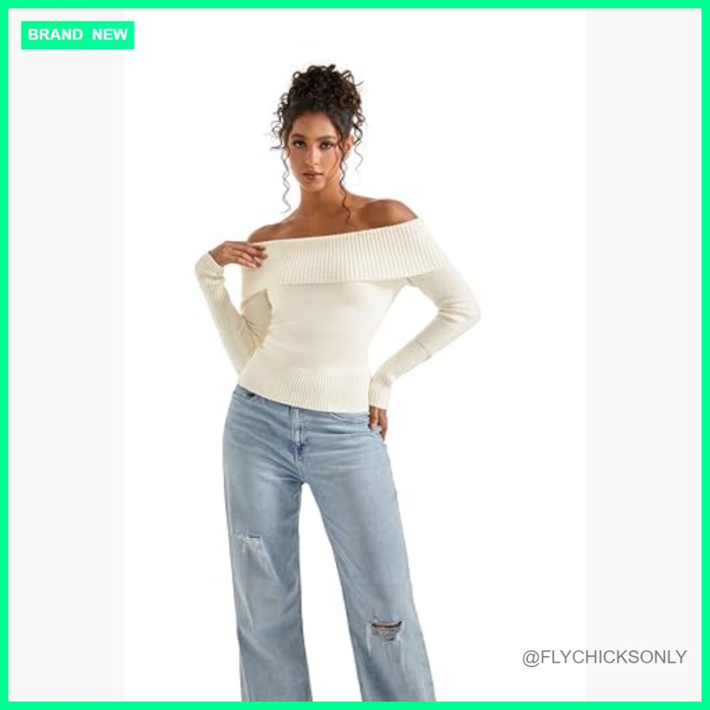 Off Shoulder Ribbed Knit Sweater Pullover Long Sl… - image 4